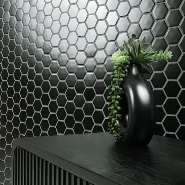 Retro Black 2 in. Hexagon 11 in. x 12 in. Matte Porcelain Mesh-Mounted Mosaic Floor and Wall Tile (0.96 sq. ft./Each)