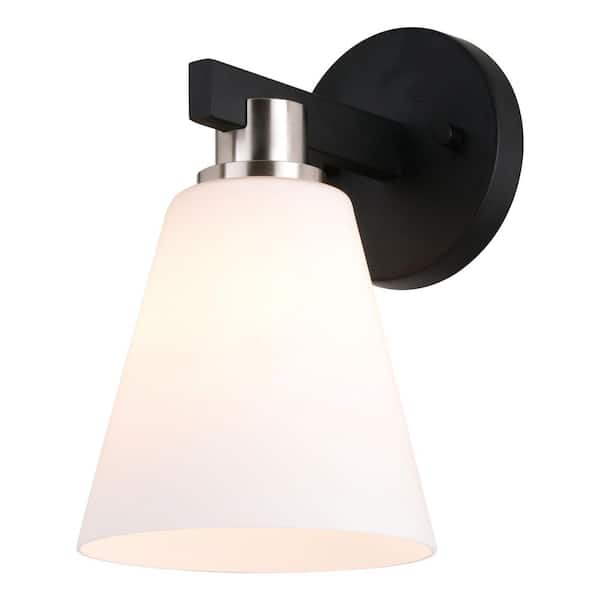 VAXCEL Vermont 6 in. W 1 -Light Matte Black and Nickel Bathroom Wall Vanity -Light Fixture White Glass