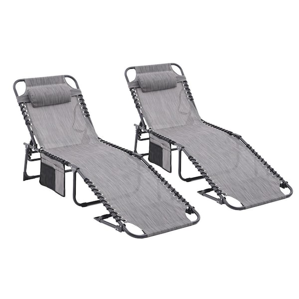Cesicia Portable 74.4 in. L Grey 2-Piece Metal Adjustable and Reclining Outdoor Chaise Lounge with Pillow and Side Pocket