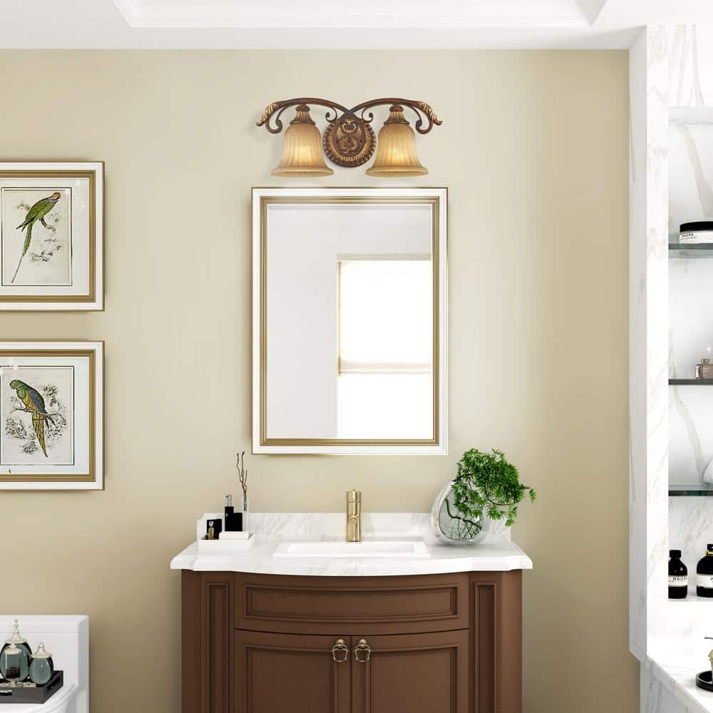 Verona Bronze & Aged Gold Leaf 2-Light Vanity with Rustic Art Glass