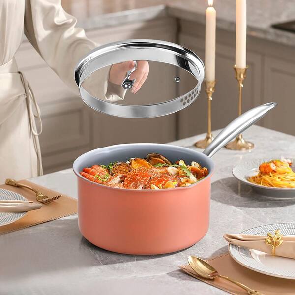 2.5 qt. Ceramic Nonstick Sauce Pan in Perracotta with Strainer Lid