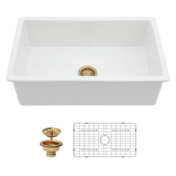 Undermount Sink 30 in. x 18 in. Single Bowl Dual Mount White Ceramic Rectangular Kitchen Sink with Accessories