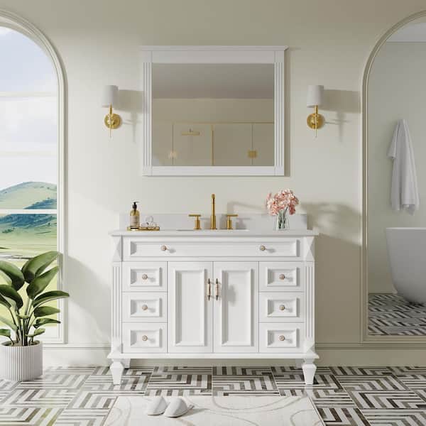 48 in. W x 22 in. D x 35 in. H Single Sink Solid Wood Bath Vanity in White with Stain-Resistant Quartz Top and Mirror