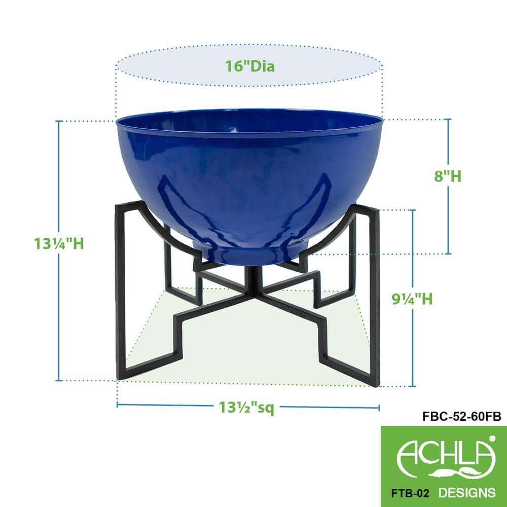 French Blue Galvanized Steel Planter Bowl with Black Wrought Iron Stand