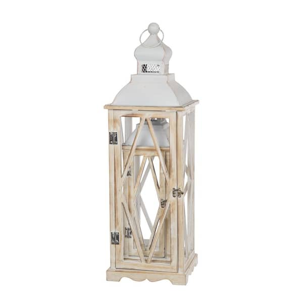 29.5 in. and 36 in. Backyard Expressions White Indoor/Outdoor Wooden  Lantern Set (2-Pack)