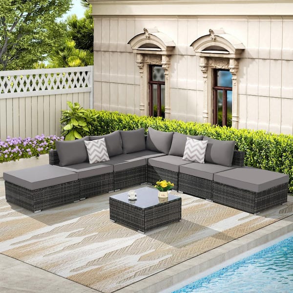 Sudzendf 8-Piece Wicker Patio Conversation Set with Dark Gray Cushions and Glass Coffee Table for Garden, Poolside, Backyard