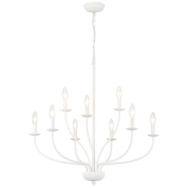 9-Light Transitional Distressed White Candlestick Chandelier Modern Pendant Light for Dining Room