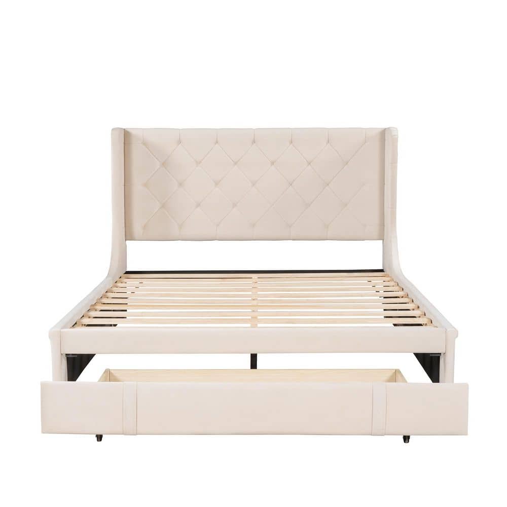 Beige Velvet Upholstered Queen Platform Bed with Storage Drawer