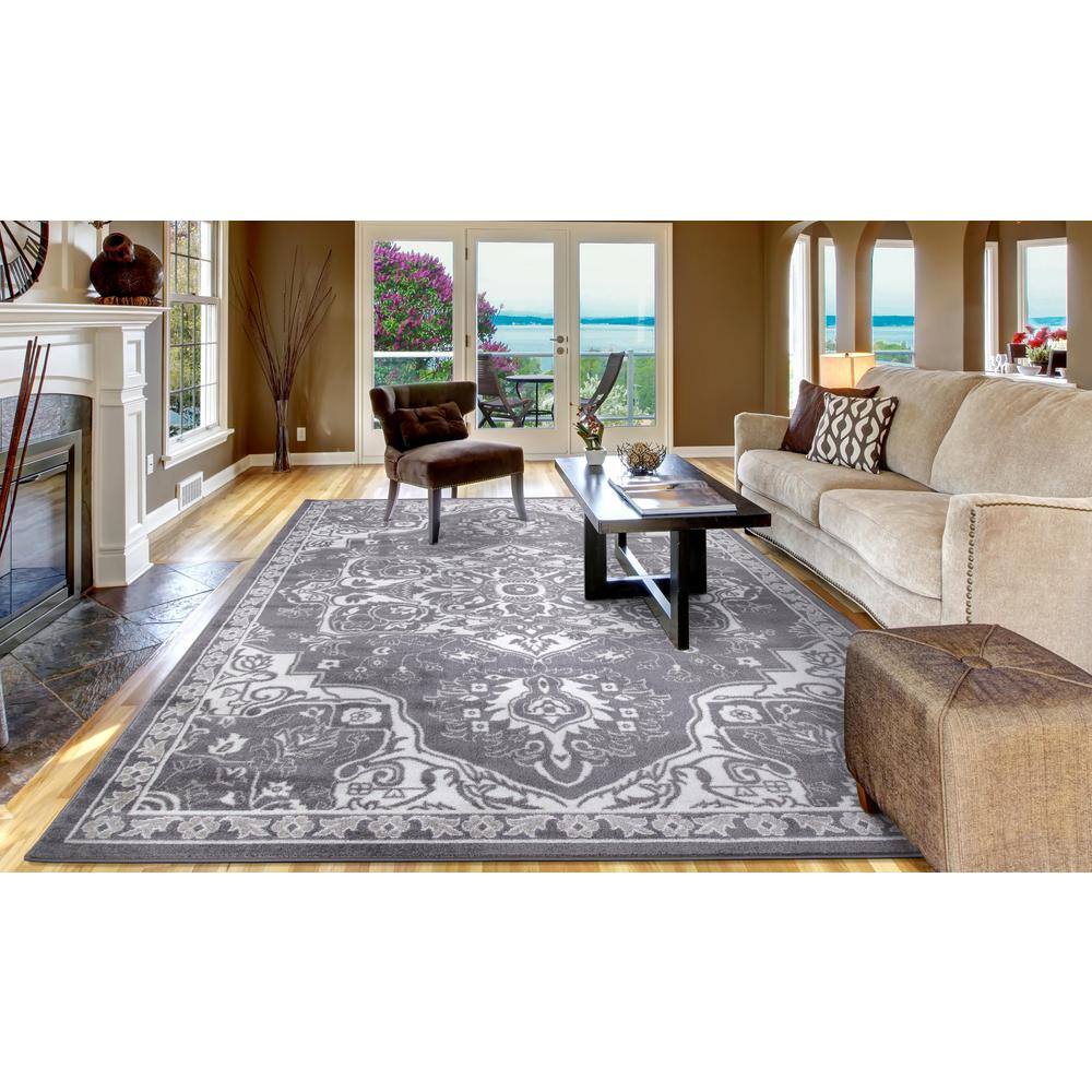 Gray Rectangular Medallion Synthetic Easy Care Area Rug