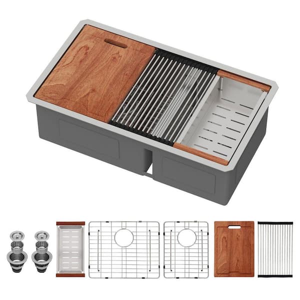 30 in. Undermount Workstation Sink with Low Divide Double Bowl 16-Gauge Stainless Steel Kitchen Sink