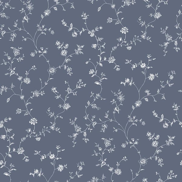 Unbranded Miniatures 2-Navy/White Floral Trail Matte Finish Non-Pasted Vinyl on Non-Woven Wallpaper Roll