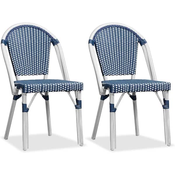 Wicker Deep Blue Bistro Chair French Hand-Woven Armless Chairs for Outdoor Patio Indoor Dining Chairs (2-Pack)