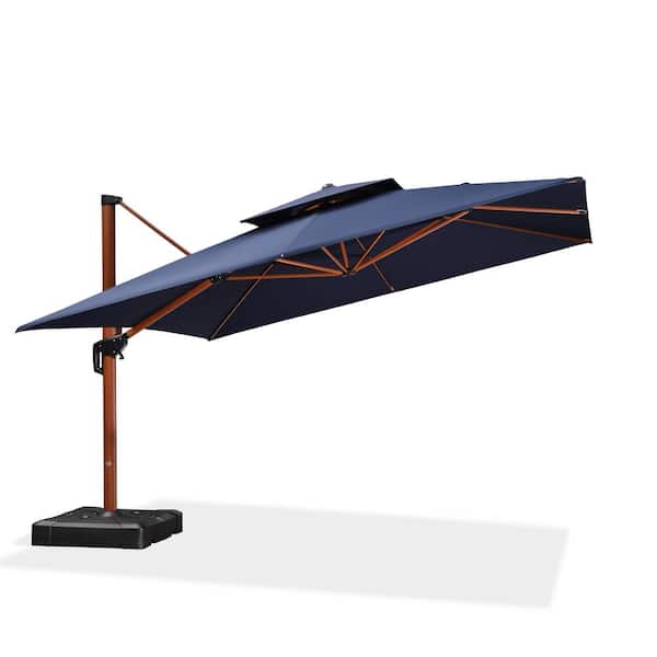 PURPLE LEAF 12 ft. Square High-Quality Wood Pattern Aluminum Cantilever Polyester Patio Umbrella with Wheels Base, Navy Blue