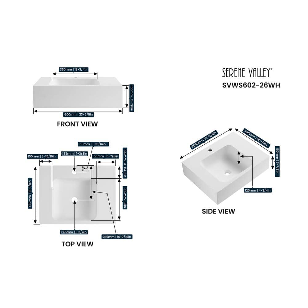 Matte White Solid Surface Square Wall-Mount Bathroom Sink