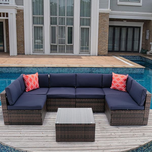 Harper & Bright Designs Brown 7-Piece Wicker Outdoor Sectional Set with Navy Blue Cushions and 2 Throw Pillows