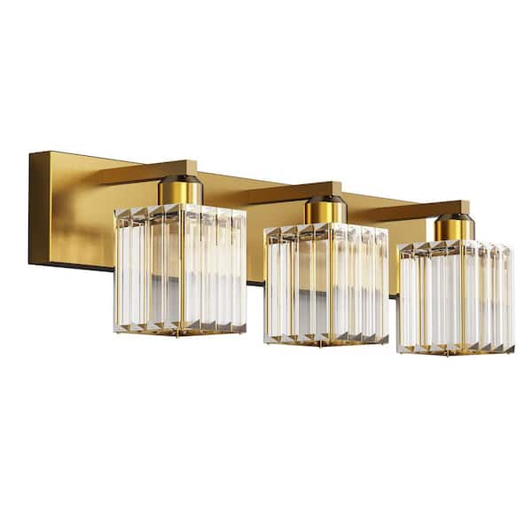 24 In. 3-Light Square Gold LED Vanity Light in Antique Brass for Bathroom with Crystal Shade