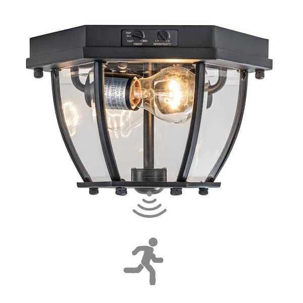 C Cattleya 10.25 in. 2-Light Matte Black Outdoor Motion Sensing Dimmable No Bulb Included Flush Mount Ceiling Light (1-Pack)