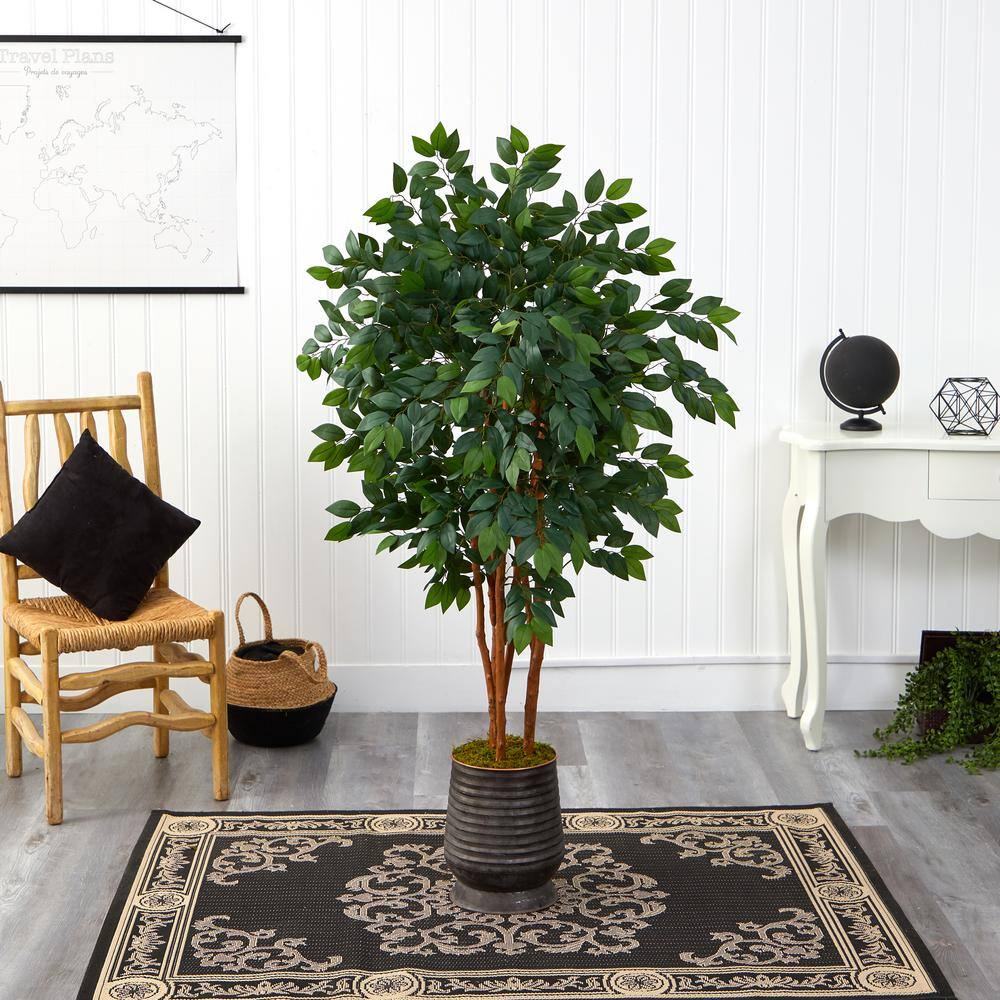 Nearly Natural 57 in. Artificial Sakaki Tree in Ribbed Metal Planter