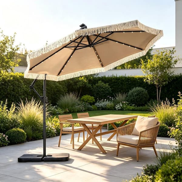 designer patio umbrellas PURPLE LEAF Modern White Outdoor Umbrella Premium Cantilever Teak frame is aluminum with a faux Best Patio Umbrellas For Wind