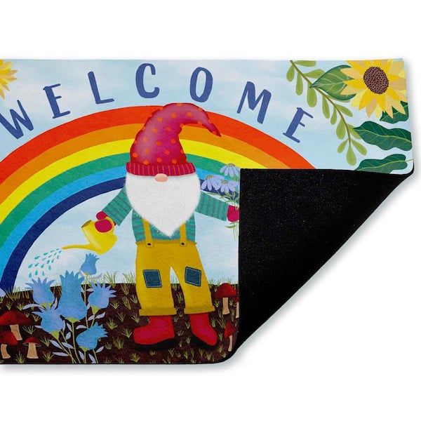 Welcome Rainbow Gnome Blue 18 in. x 30 in. Polyester Non-Slip Outdoor Door Mat