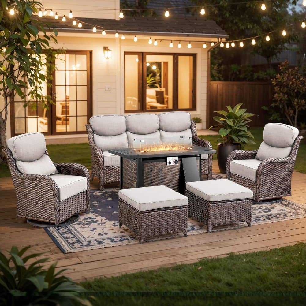 Holion 6-Piece Brown Patio Conversation Set with Propane Fire Pit Table, Outdoor Sofa Swivel Chairs with Beige Cushions price history on PriceWatchPro