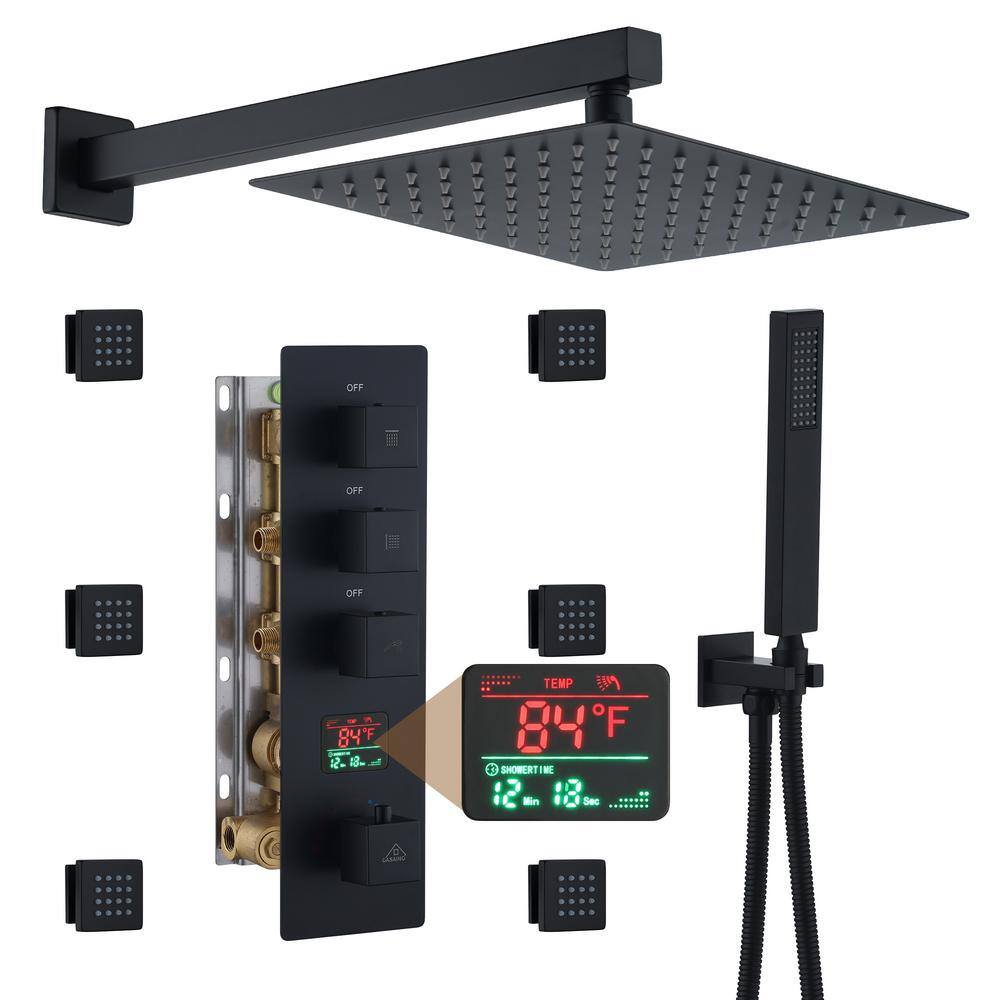 Matte Black Multi-Function Thermostatic Shower System with Digital Display