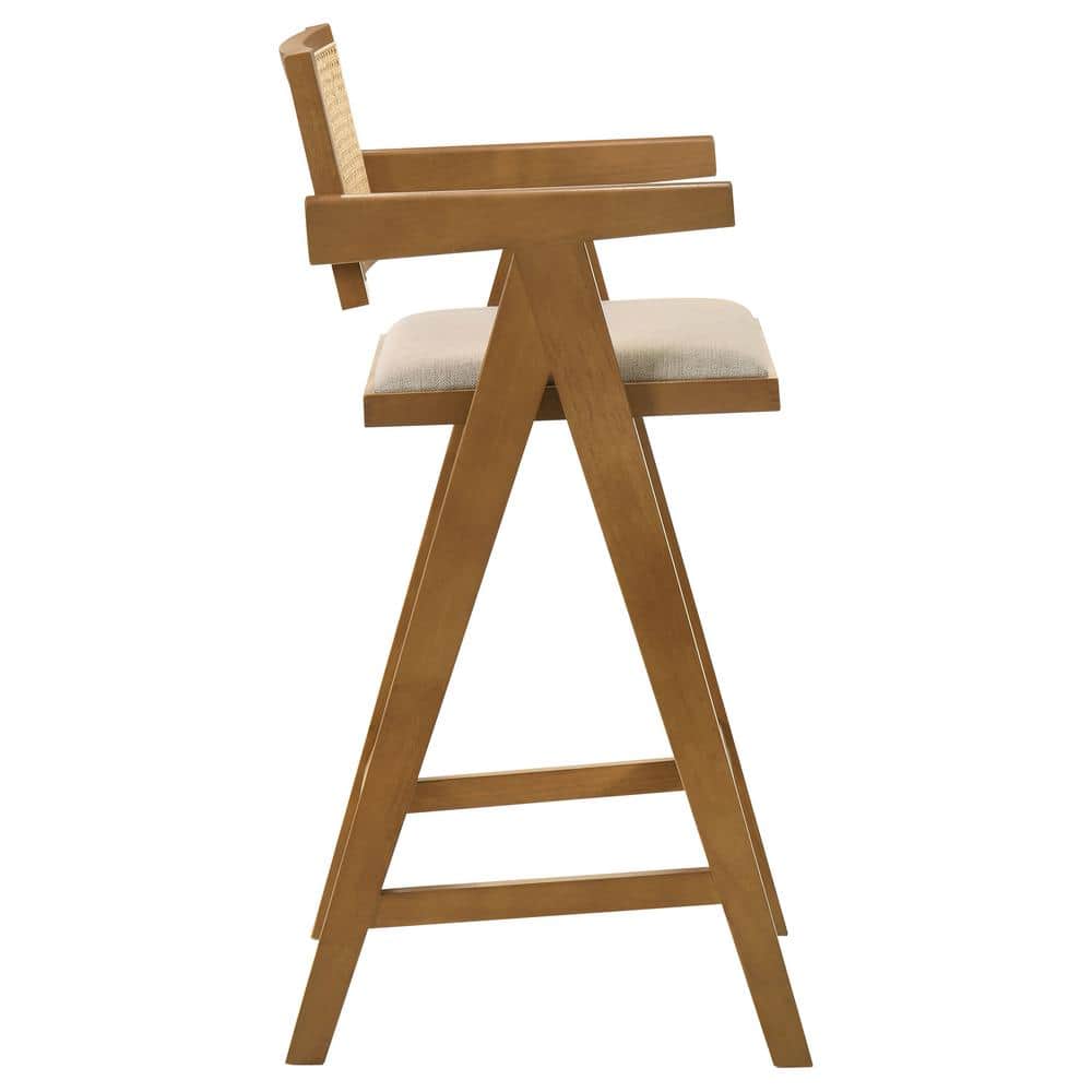 Light Walnut Mid-Century Modern Rattan Bar Stool with Upholstered Seat