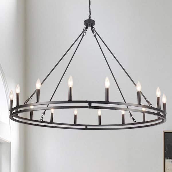 16-Light Large Black Wagon Wheel Chandelier Farmhouse Pendant Light