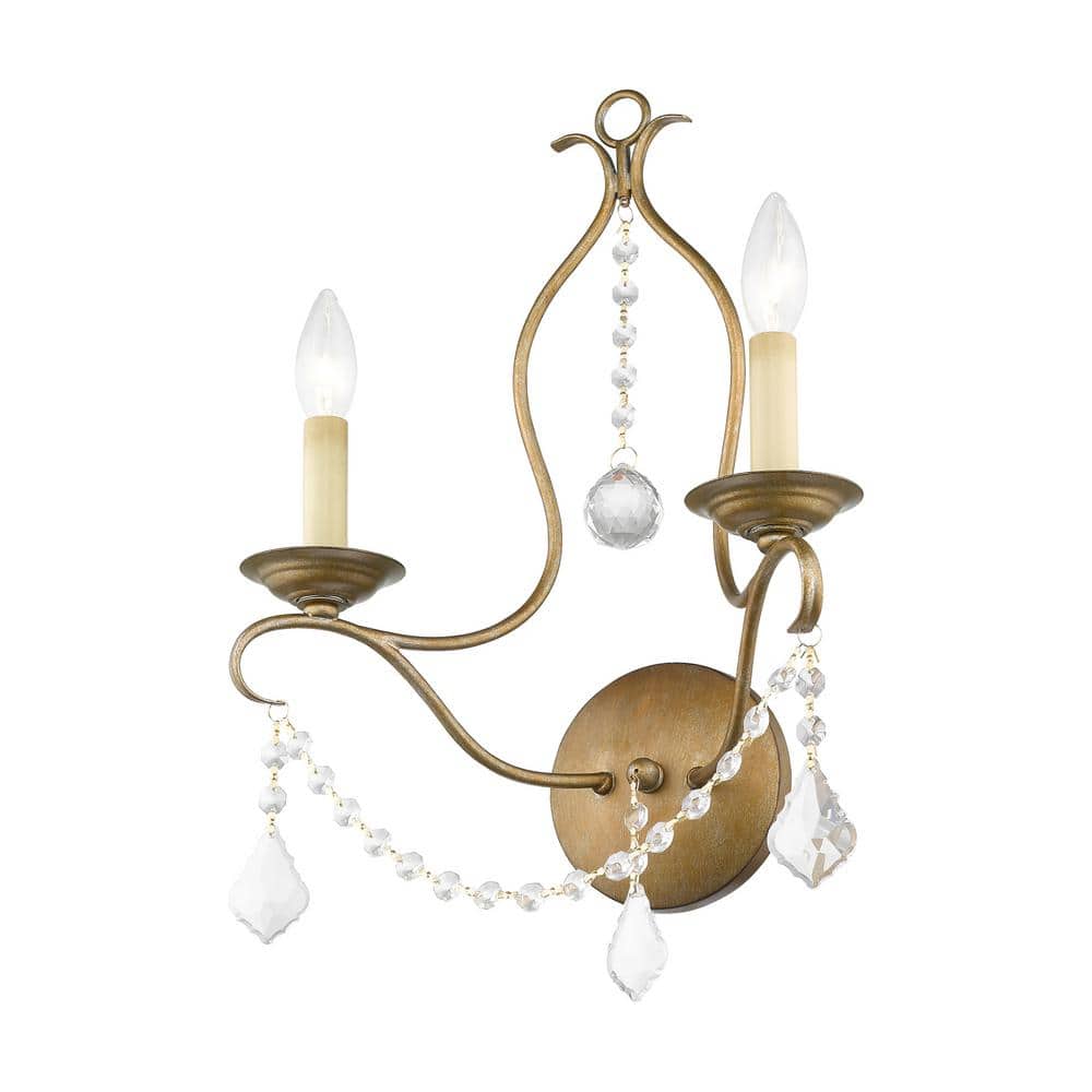 Elegant Antique Gold Leaf Dual-Light Wall Sconce with Crystal Accents