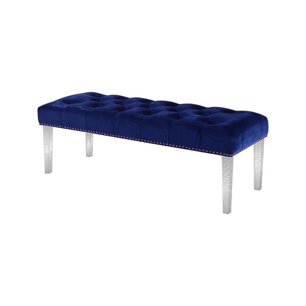 Navy Blue Velvet Tufted Bench with Acrylic Legs