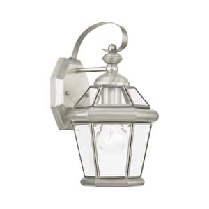 Cresthill 12 in. 1-Light Brushed Nickel Outdoor Hardwired Wall Lantern Sconce with No Bulbs Included