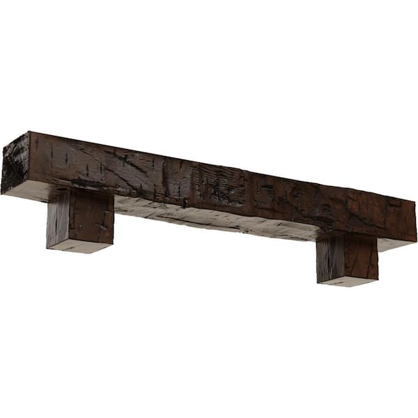 Ekena Millwork 4 in. x 4 in. x 4 ft. Hand Hewn Faux Wood Fireplace Mantel Kit, Alamo Corbels, Premium Aged