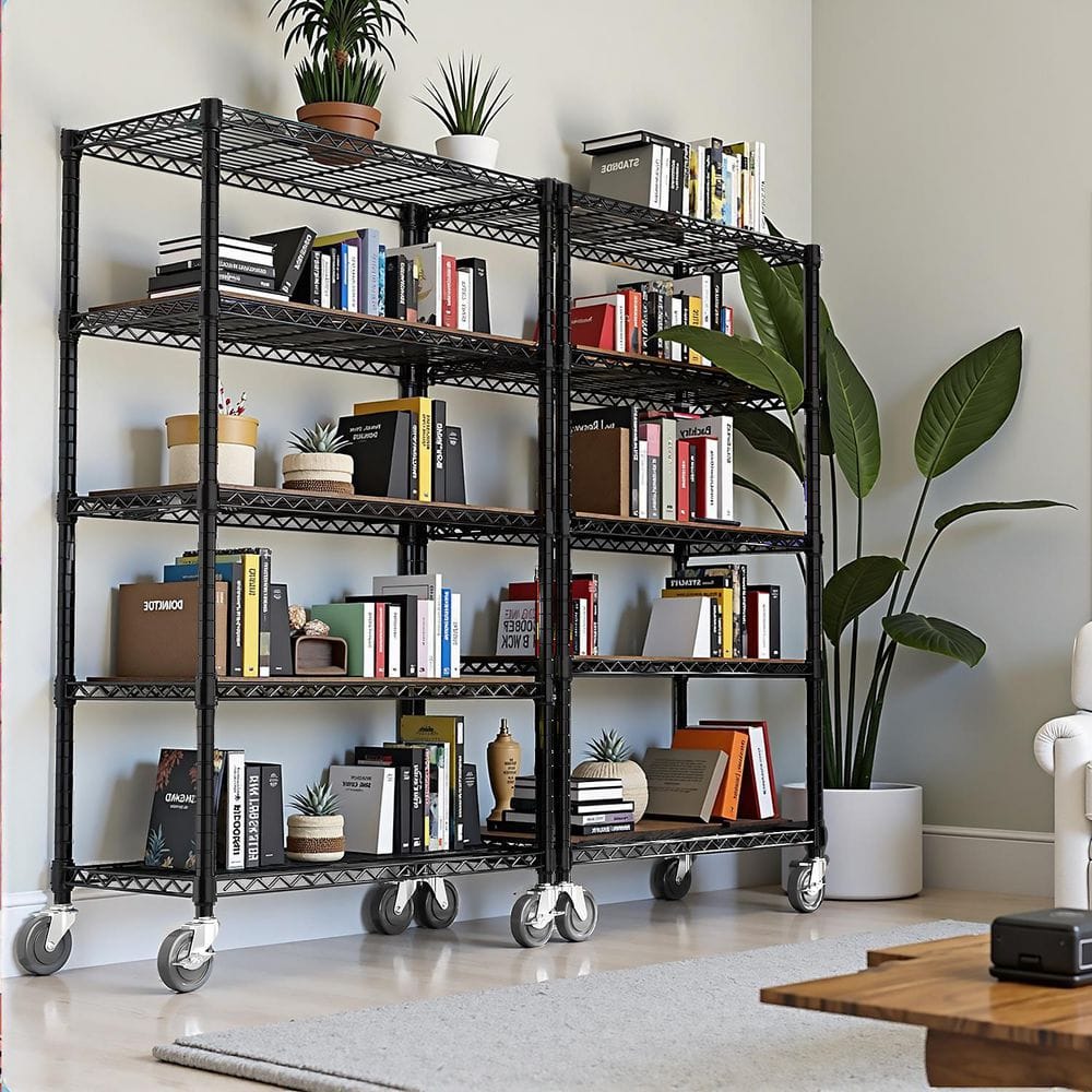 5-Tier 1750 lbs. Black Steel Rolling Shelving Unit, 76 in. Heavy Duty Wire Rack with Adjustable Storage Shelves
