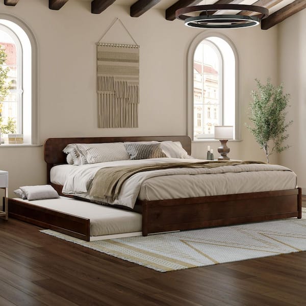 Capri Walnut Brown Solid Wood Frame King Platform Bed with Panel Footboard and Twin XL Trundle