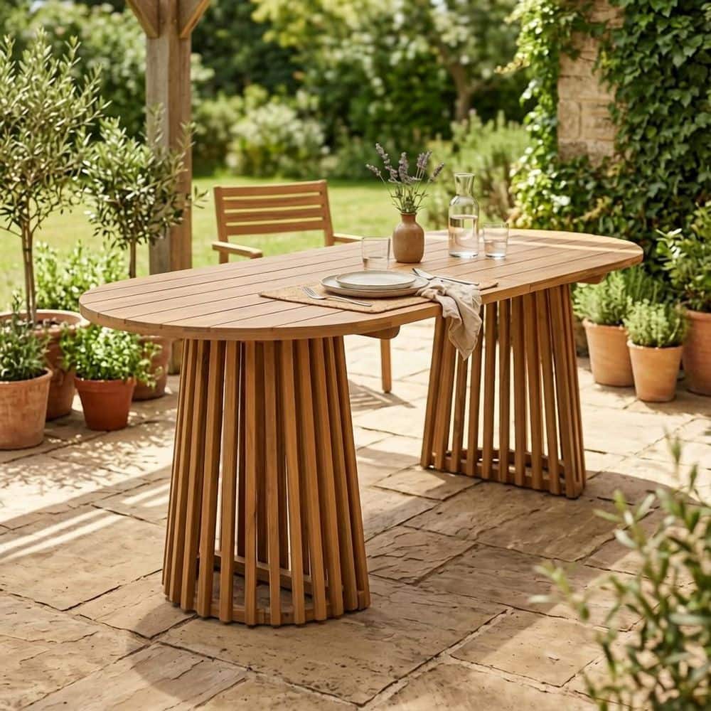Edwina Brown Oval Solid Wood Patio Outdoor Dining Table with Slatted Pedestal Base