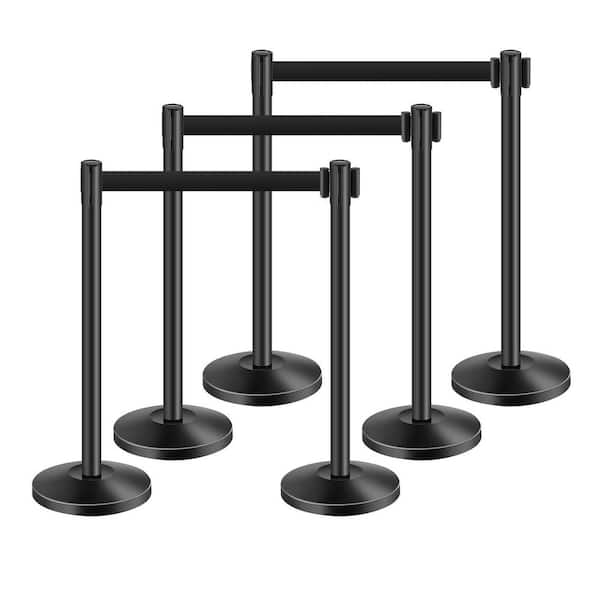 Stanchion Post, 6 Pcs Stanchions with Retractable Belts, Carbon Steel Black Stanchions Queue with Sand Injection Base