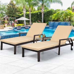 Brown Wicker Outdoor Chaise Lounge with Tan Cushions (Set of 2)