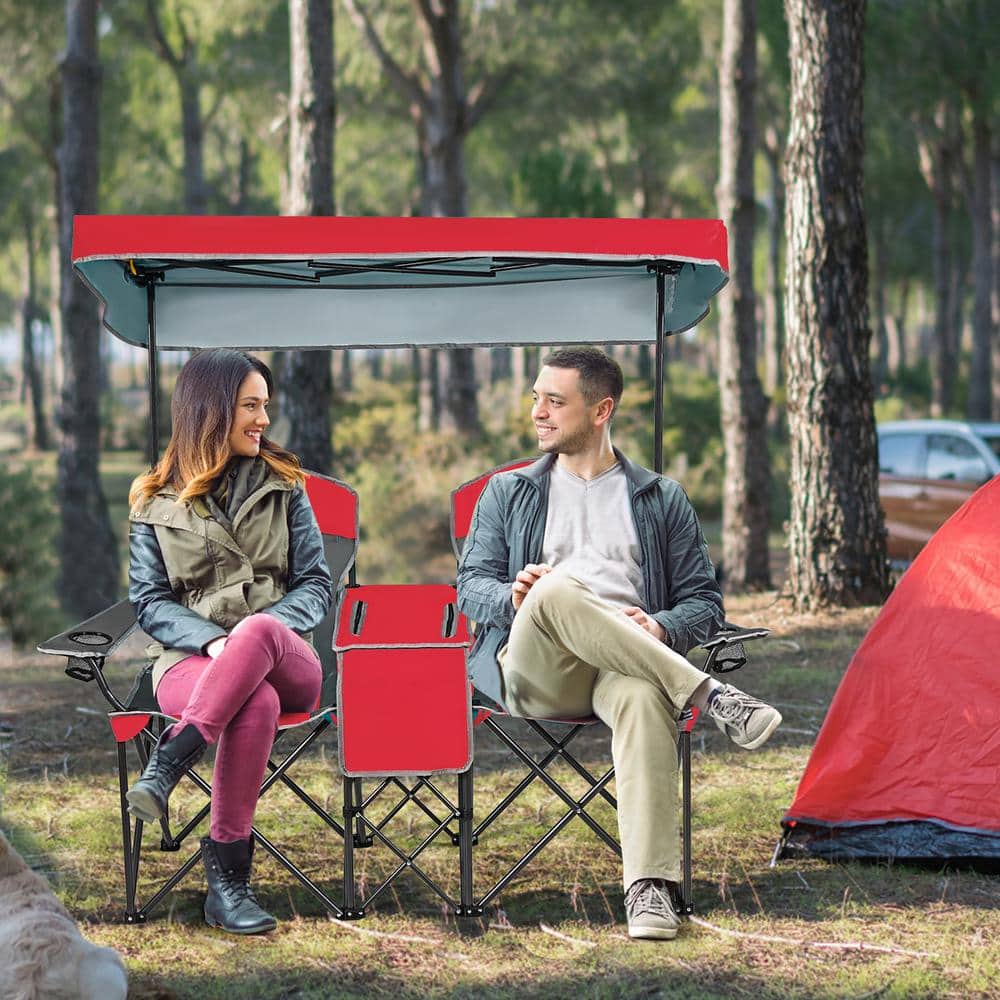Red Double Folding Camping Chair with Canopy and Cooler