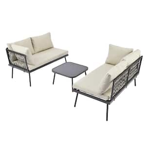 3-Piece Modern Wicker Outdoor Sectional Sofa Set with Beige Cushions and Glass Table for Backyard, Poolside, Garden