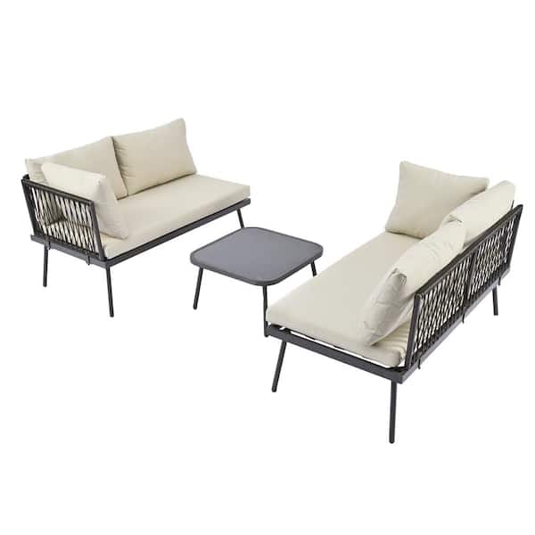 Zeus & Ruta 3-Piece Modern Wicker Outdoor Sectional Sofa Set with Beige Cushions and Glass Table for Backyard, Poolside, Garden