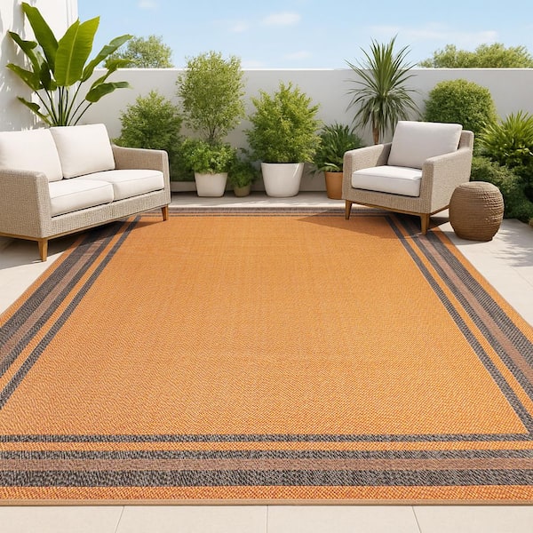 James Modern Border Stripe Orange/Dark Gray 8 ft. x 10 ft. Indoor/Outdoor Area Rug