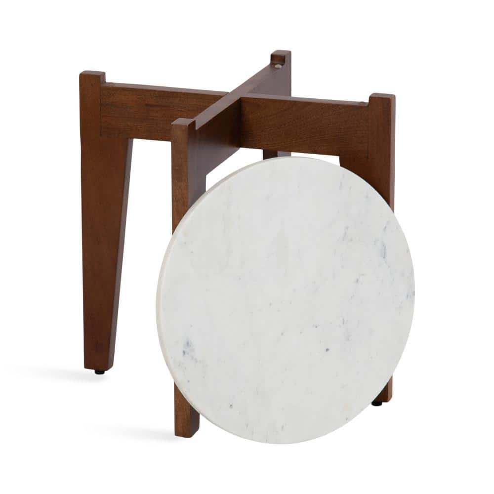 Walnut Brown Round Marble Side Table with Solid Wood Base