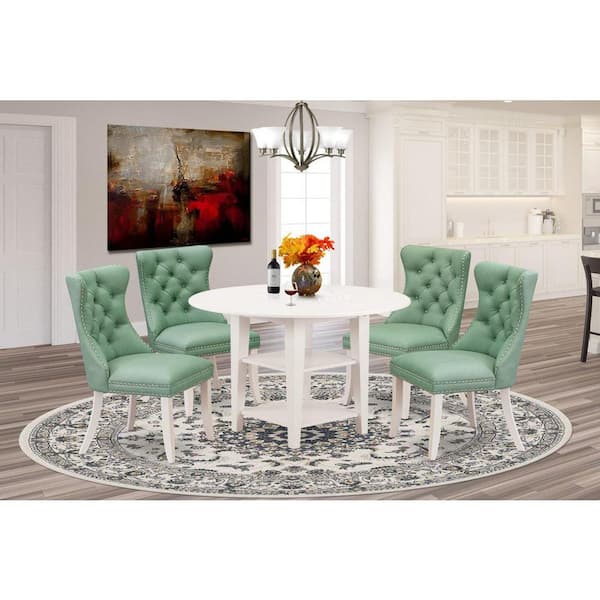 East West Furniture 5-Piece Linen White Finish Solid Wood Top - Round Upholstered Dining Room Set with Dropleaf - Seats 4
