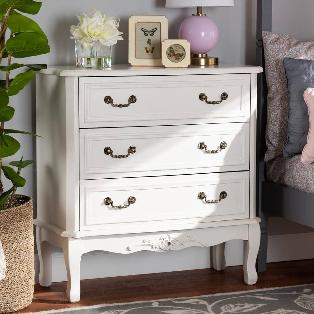 Gabrielle White 3-Drawer Wood Dresser with Brass Handles