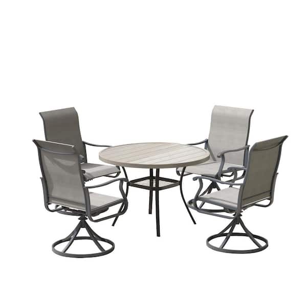 5-Piece Metal Outdoor Dining Set with Storage Shelf, Walnut Tabletop, Umbrella Hole, Gray Seats