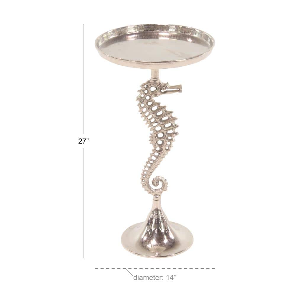 Coastal Charm Seahorse Pedestal Accent Table in Silver Aluminum