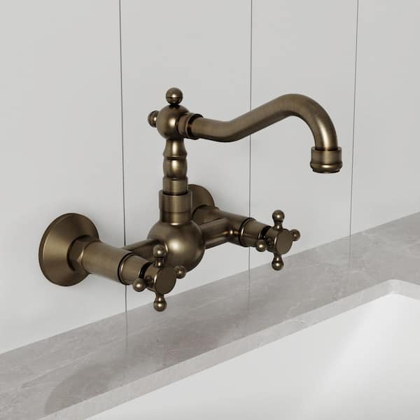 British Vintage Style Waterfall Double Cross Handle Wall Mounted Bathroom Faucet in Antique Brass Drain Not Included