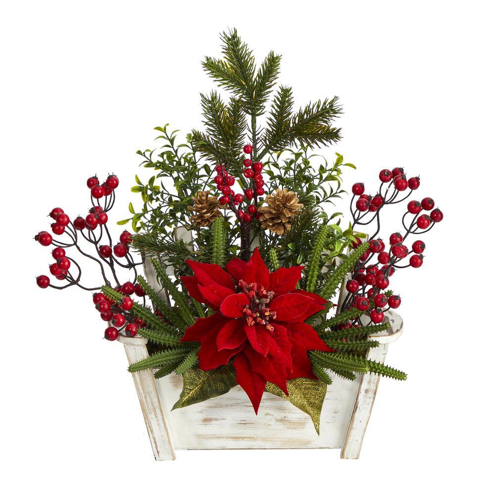 Nearly Natural 18 in. Poinsettia, Succulent and Berry Artificial  Arrangement in Bench Planter A1410 - The Home Depot