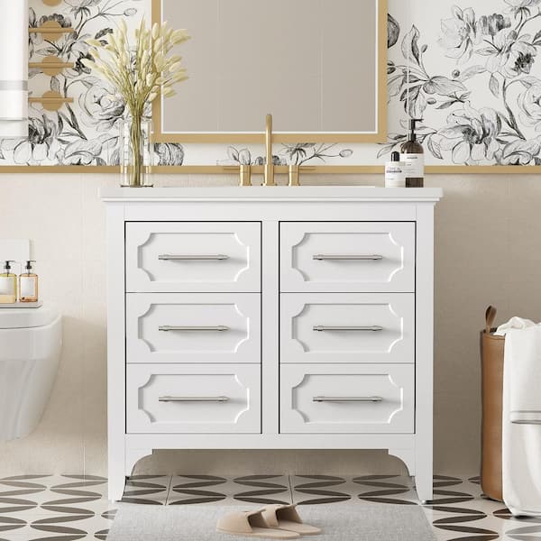 Nivencai 36 in. W x 18 in. D x 14 in. H Single Sink Freestanding Bath Vanity in White with White Resin Top and 4-Drawers
