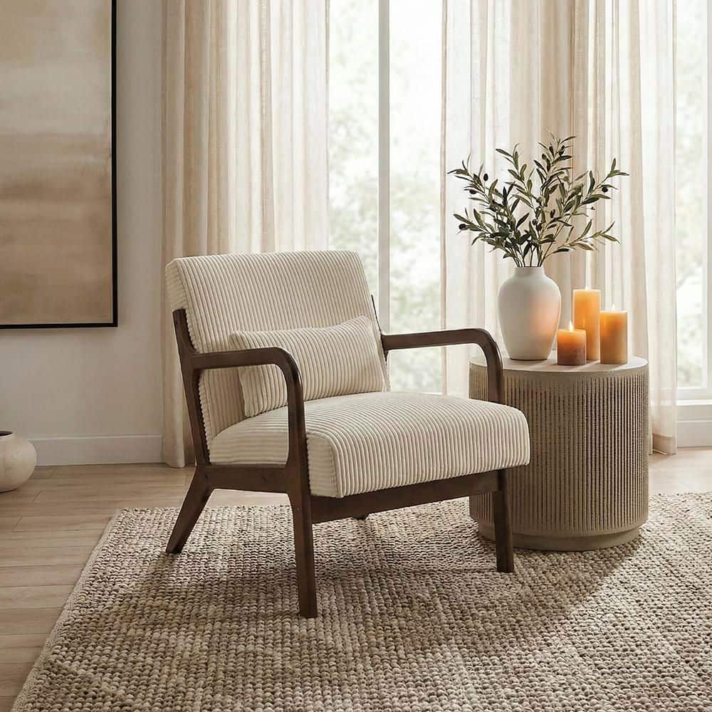 Lazzara Shaffner Beige Corduroy Fabric Upholstery Solid Wood Accent Arm Chair 4224BEG-1